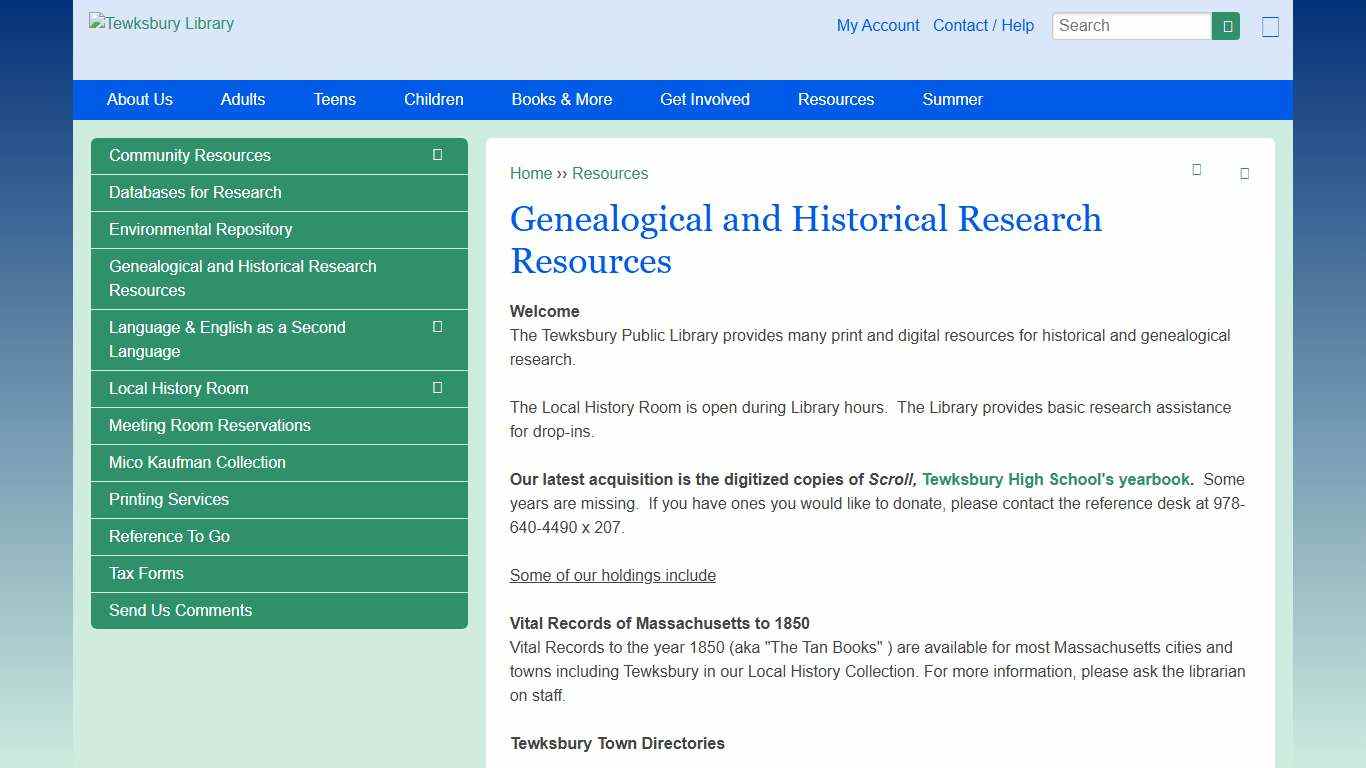 Genealogical and Historical Research Resources Tewksbury Library