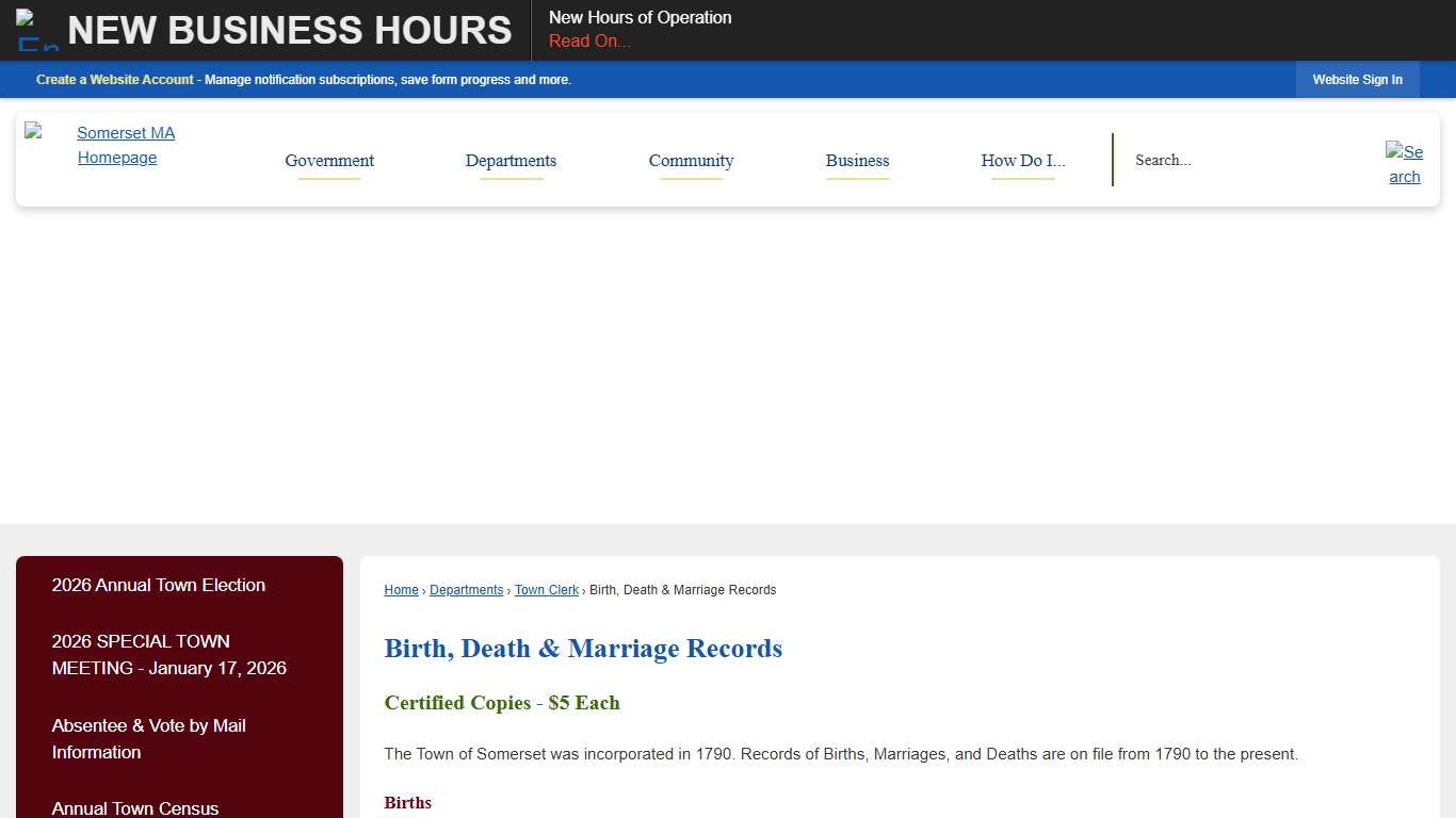 Birth, Death & Marriage Records Somerset, MA