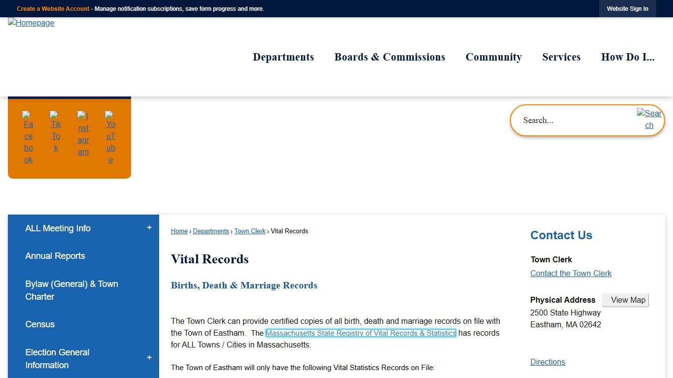 Vital Records Eastham, MA